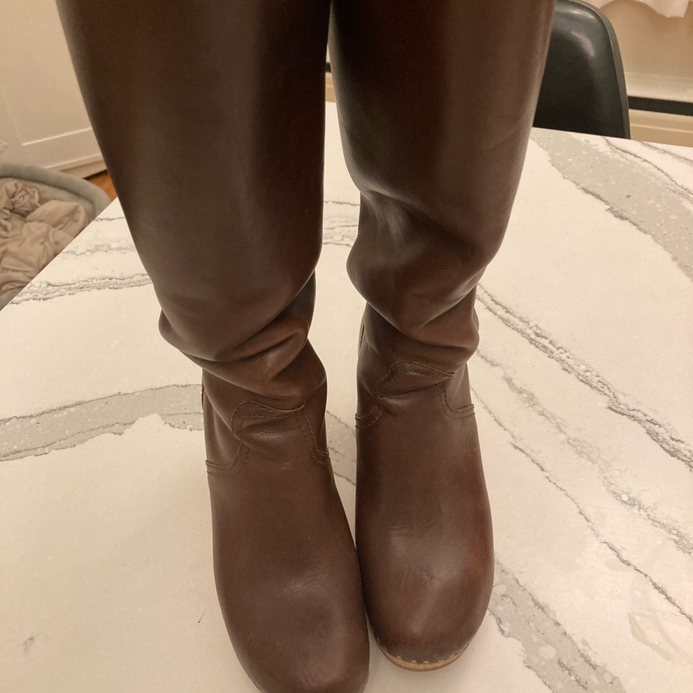 Swedish Hasbeens tall boots, size 39 (8.5), rich brown with natural clog heel